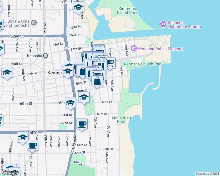 map of restaurants, bars, coffee shops, grocery stores, and more near 5917 5th Avenue in Kenosha