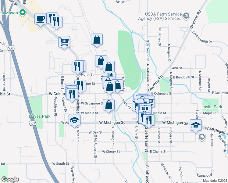 map of restaurants, bars, coffee shops, grocery stores, and more near 104 South Lansing Street in Mason