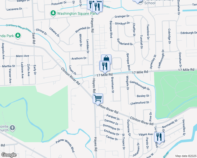 map of restaurants, bars, coffee shops, grocery stores, and more near 38950 Hayes Road in Clinton Township