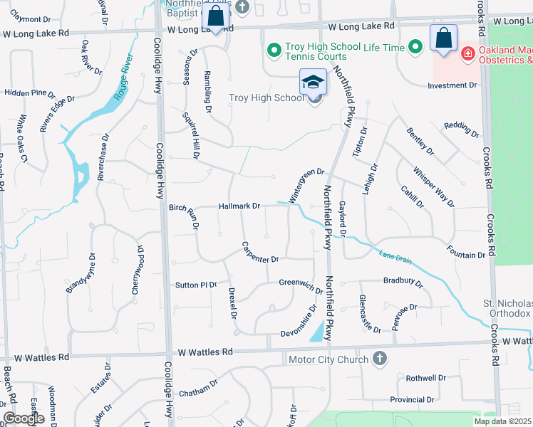 map of restaurants, bars, coffee shops, grocery stores, and more near 4343 Wintergreen Drive in Troy
