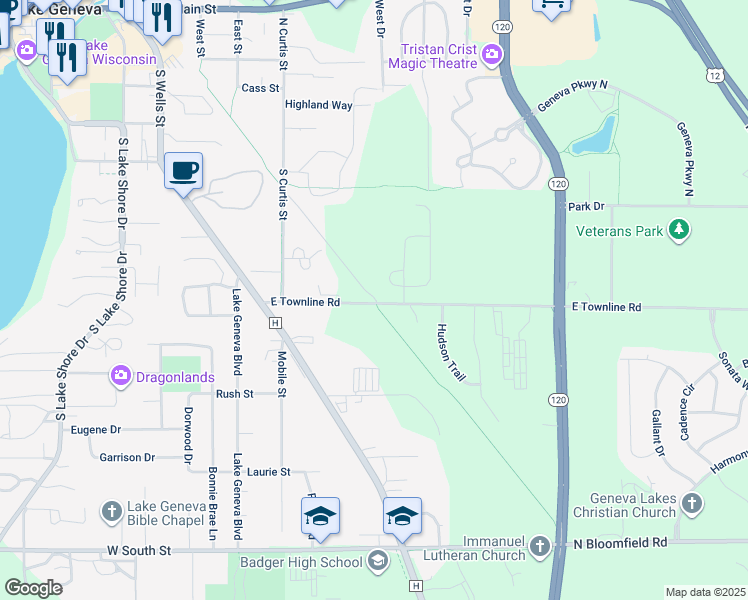 map of restaurants, bars, coffee shops, grocery stores, and more near 301 East Townline Road in Lake Geneva