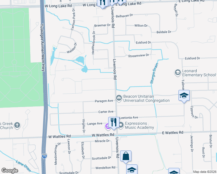 map of restaurants, bars, coffee shops, grocery stores, and more near 55 Webb Drive in Troy