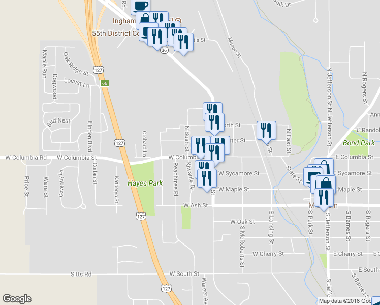 map of restaurants, bars, coffee shops, grocery stores, and more near 648 West Columbia Street in Mason