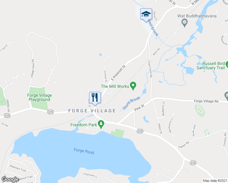 map of restaurants, bars, coffee shops, grocery stores, and more near 16 Pershing Street in Westford