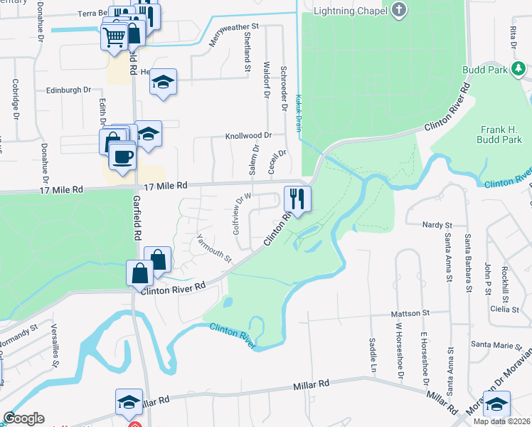 map of restaurants, bars, coffee shops, grocery stores, and more near 17515 Clinton River Road in Clinton Township