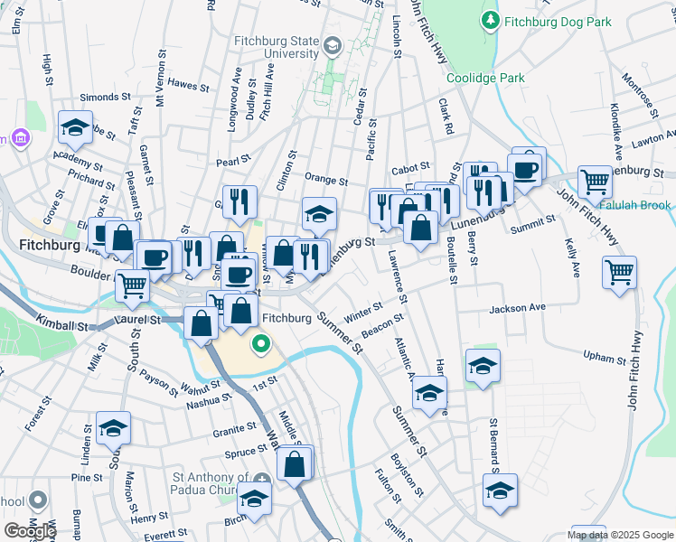 map of restaurants, bars, coffee shops, grocery stores, and more near 47 Holt Street in Fitchburg