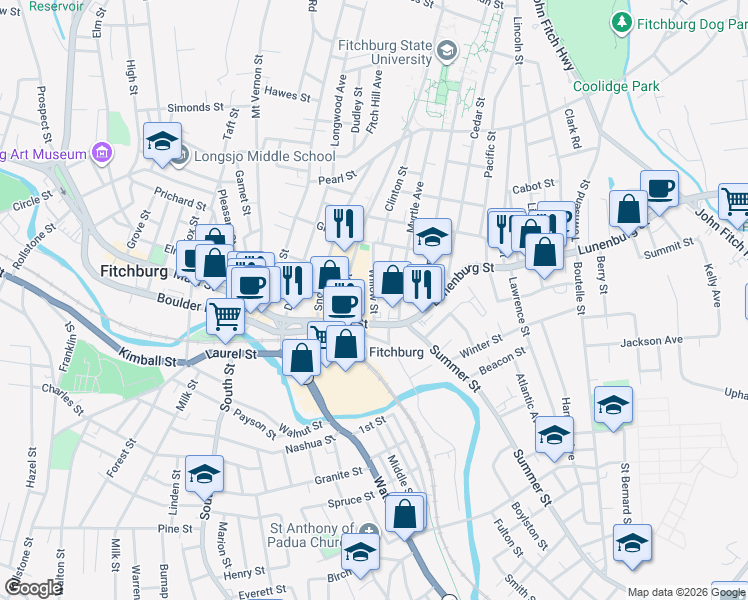 map of restaurants, bars, coffee shops, grocery stores, and more near 35 Main Street in Fitchburg