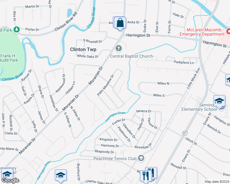 map of restaurants, bars, coffee shops, grocery stores, and more near 20471 Pine Meadow Drive in Clinton Township