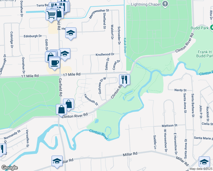 map of restaurants, bars, coffee shops, grocery stores, and more near 38644 Golfview Drive West in Clinton Township