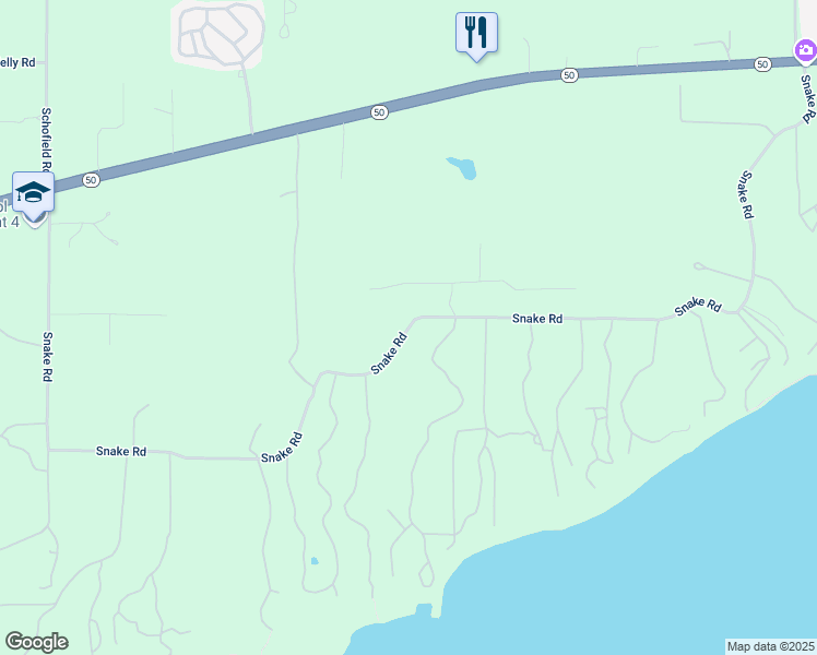 map of restaurants, bars, coffee shops, grocery stores, and more near Snake Road in Lake Geneva