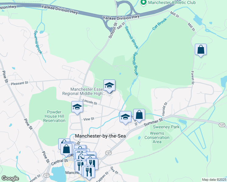 map of restaurants, bars, coffee shops, grocery stores, and more near 36 Lincoln Street in Manchester-by-the-Sea