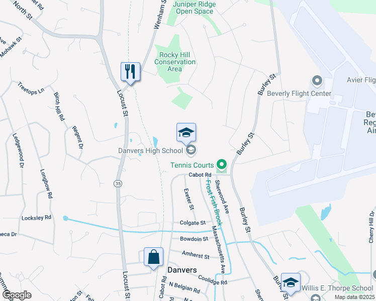 map of restaurants, bars, coffee shops, grocery stores, and more near 60 Cabot Road in Danvers