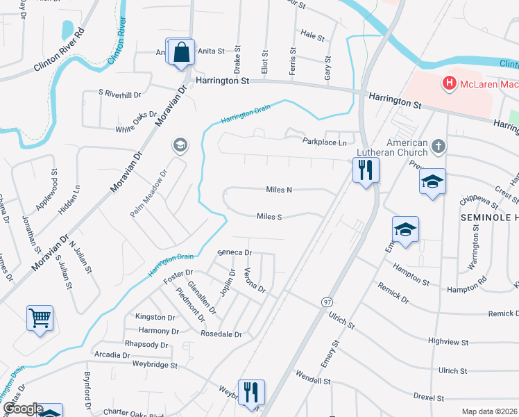 map of restaurants, bars, coffee shops, grocery stores, and more near 20856 Miles South in Clinton Township