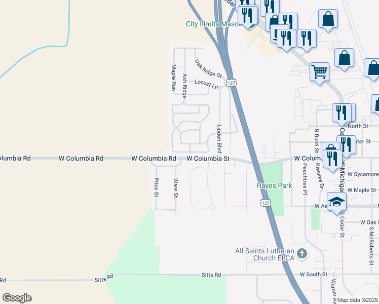 map of restaurants, bars, coffee shops, grocery stores, and more near Sycamore Trail in Mason