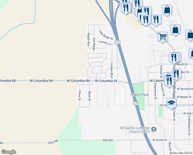 map of restaurants, bars, coffee shops, grocery stores, and more near Sycamore Trail in Mason