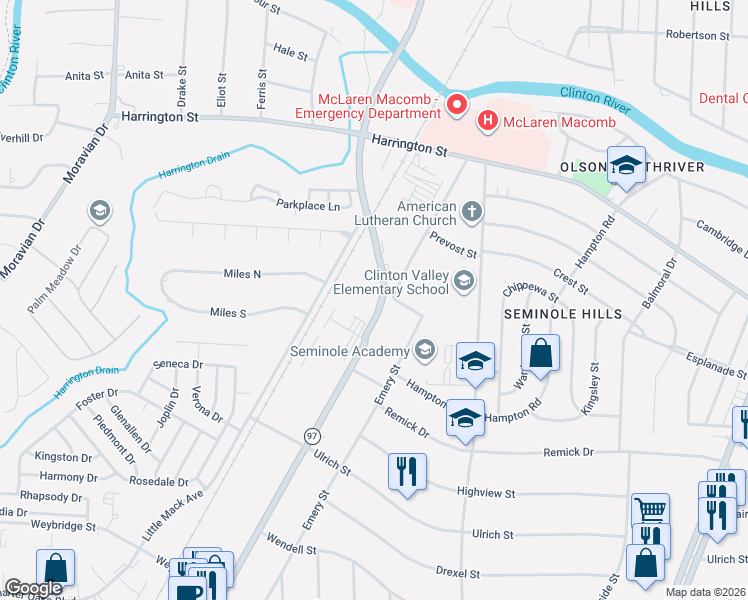 map of restaurants, bars, coffee shops, grocery stores, and more near 38250 South Groesbeck Highway in Charter Township of Clinton