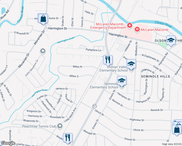 map of restaurants, bars, coffee shops, grocery stores, and more near 21010 Miles South in Clinton Township