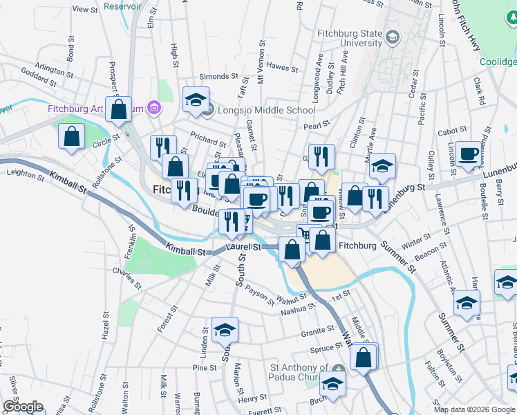 map of restaurants, bars, coffee shops, grocery stores, and more near 14 Mill Street in Fitchburg