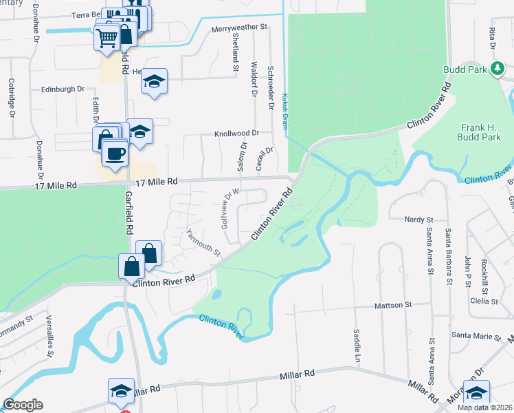 map of restaurants, bars, coffee shops, grocery stores, and more near 17515 Clinton River Road in Clinton Township