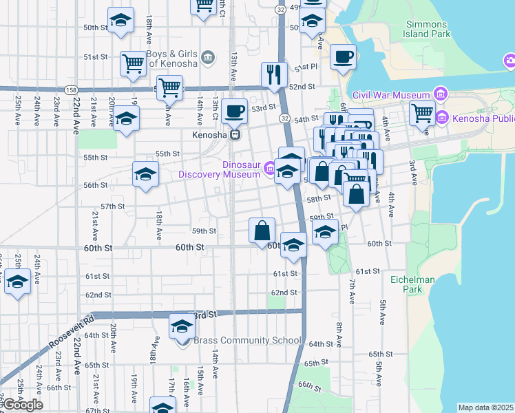 map of restaurants, bars, coffee shops, grocery stores, and more near 1203 58th Street in Kenosha