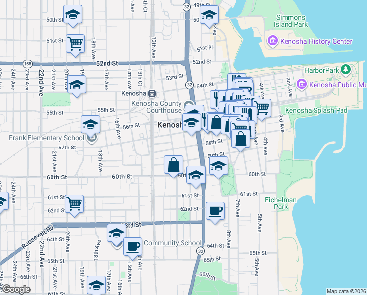 map of restaurants, bars, coffee shops, grocery stores, and more near 1010 59th Street in Kenosha