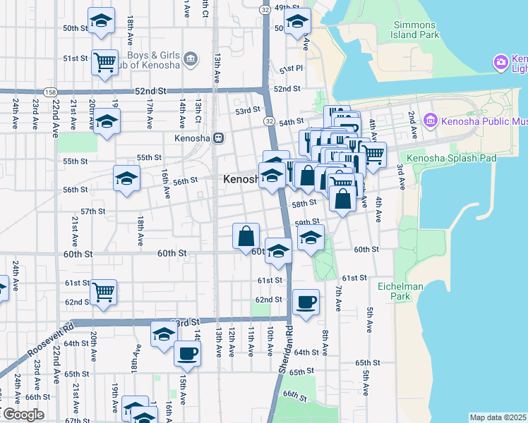 map of restaurants, bars, coffee shops, grocery stores, and more near 5803 10th Avenue in Kenosha