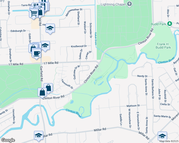 map of restaurants, bars, coffee shops, grocery stores, and more near 17600 Clinton River Road in Clinton Township