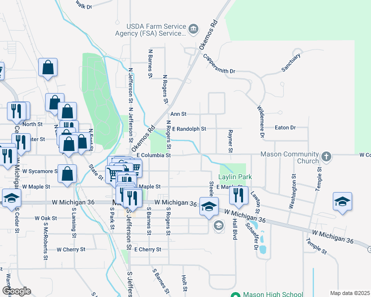 map of restaurants, bars, coffee shops, grocery stores, and more near 402 East Columbia Street in Mason