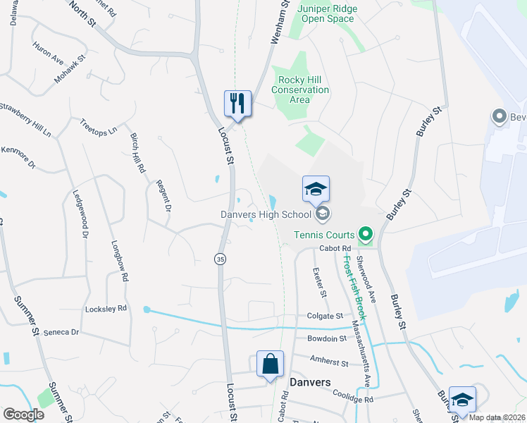 map of restaurants, bars, coffee shops, grocery stores, and more near 9 Riding Club Road in Danvers