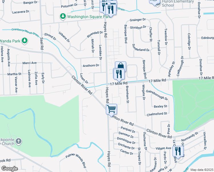map of restaurants, bars, coffee shops, grocery stores, and more near 38950 Hayes Road in Clinton Township