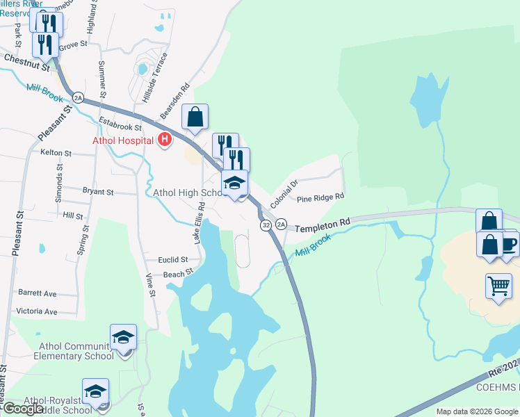 map of restaurants, bars, coffee shops, grocery stores, and more near 30 Petersham Road in Phillipston
