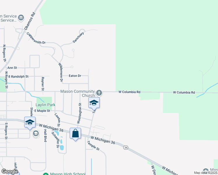 map of restaurants, bars, coffee shops, grocery stores, and more near 1111 East Columbia Street in Mason