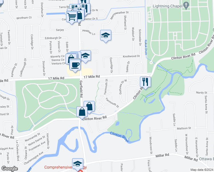 map of restaurants, bars, coffee shops, grocery stores, and more near 38736 Barnstable Lane in Charter Township of Clinton