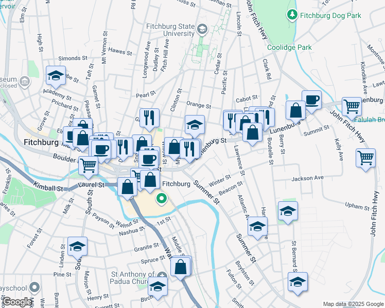 map of restaurants, bars, coffee shops, grocery stores, and more near 17 Lunenburg Street in Fitchburg