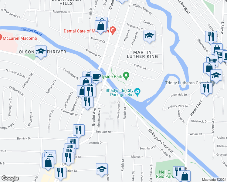 map of restaurants, bars, coffee shops, grocery stores, and more near 38653 Wellington Drive in Clinton Township