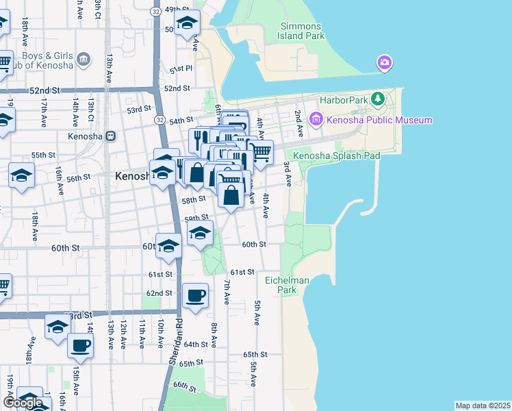map of restaurants, bars, coffee shops, grocery stores, and more near 5917 5th Avenue in Kenosha