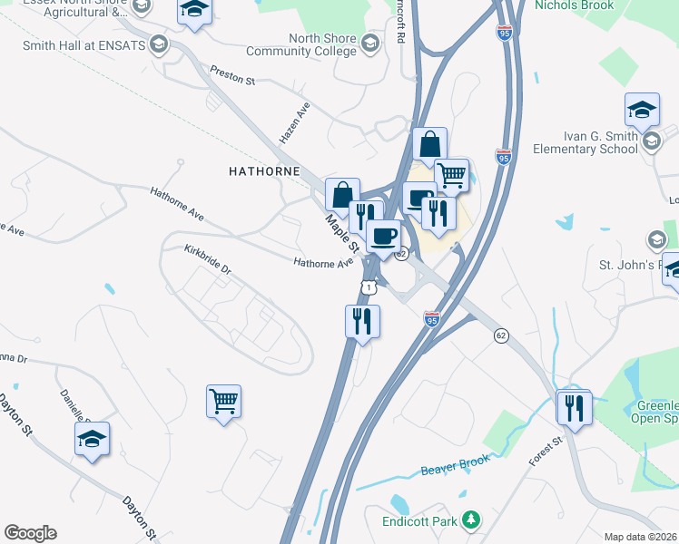 map of restaurants, bars, coffee shops, grocery stores, and more near 450 Maple Street in Danvers