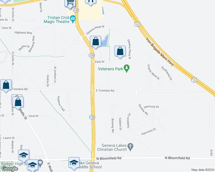 map of restaurants, bars, coffee shops, grocery stores, and more near 751 Veterans Parkway in Lake Geneva