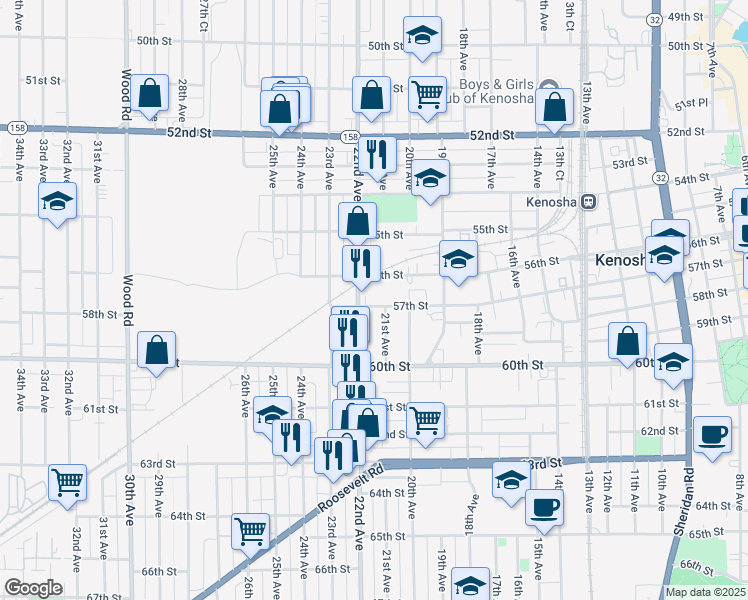 map of restaurants, bars, coffee shops, grocery stores, and more near 2112 57th Street in Kenosha