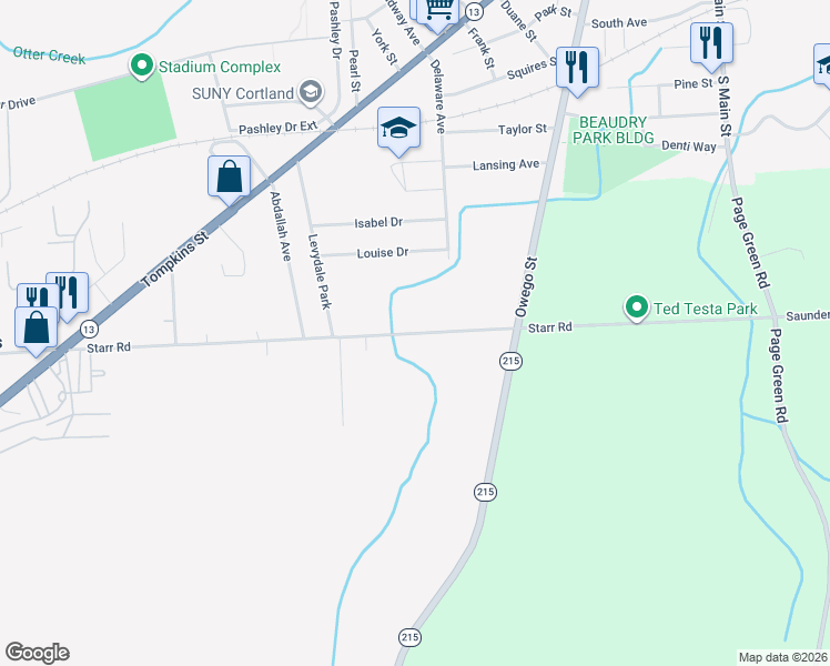 map of restaurants, bars, coffee shops, grocery stores, and more near 1275 Starr Road in Cortland