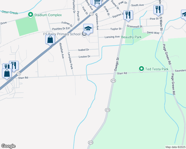 map of restaurants, bars, coffee shops, grocery stores, and more near Starr Road in Cortland County