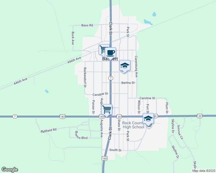map of restaurants, bars, coffee shops, grocery stores, and more near 105-109 W Bertha St in Bassett
