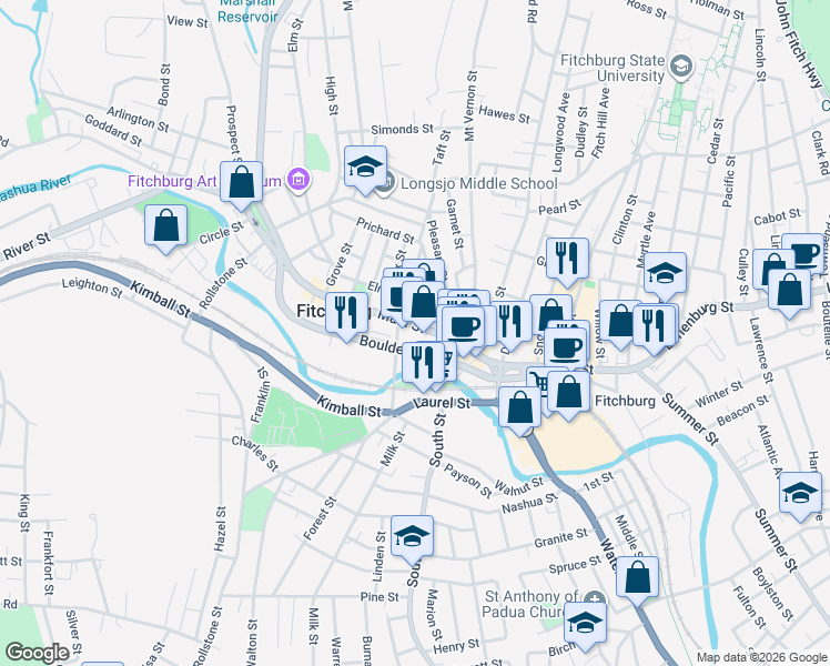 map of restaurants, bars, coffee shops, grocery stores, and more near 470 Main Street in Fitchburg