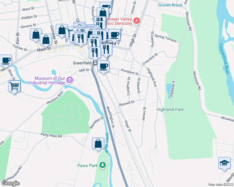 map of restaurants, bars, coffee shops, grocery stores, and more near 29 Prospect Avenue in Greenfield