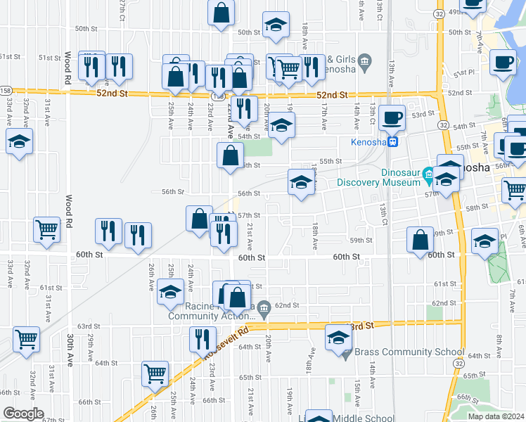 map of restaurants, bars, coffee shops, grocery stores, and more near 2011 56th Street in Kenosha