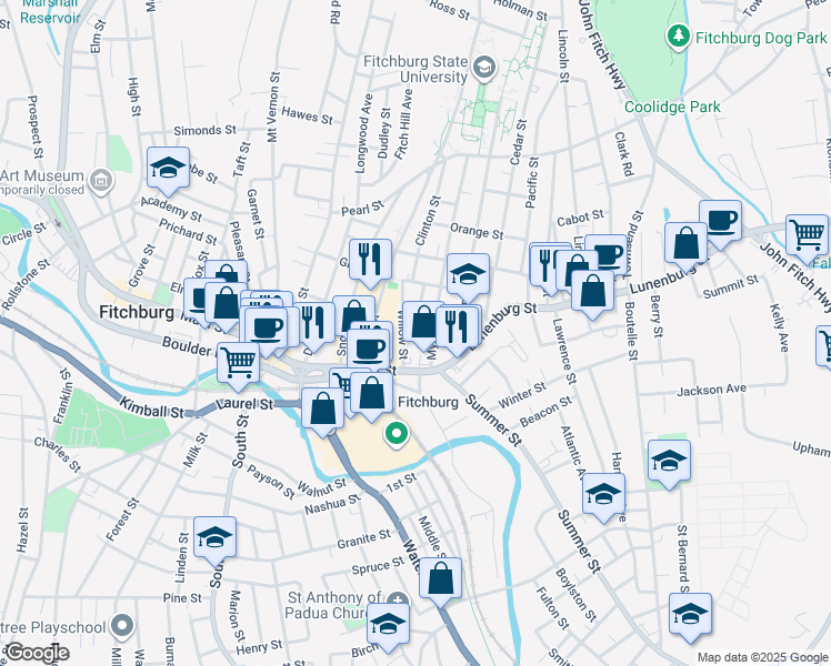 map of restaurants, bars, coffee shops, grocery stores, and more near 21 Willow Street in Fitchburg