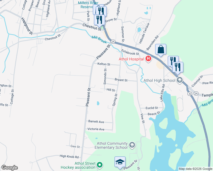 map of restaurants, bars, coffee shops, grocery stores, and more near 51 Bryant Street in Athol