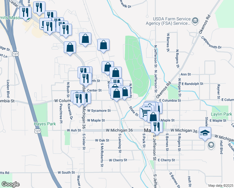 map of restaurants, bars, coffee shops, grocery stores, and more near 111 North Mason Street in Mason