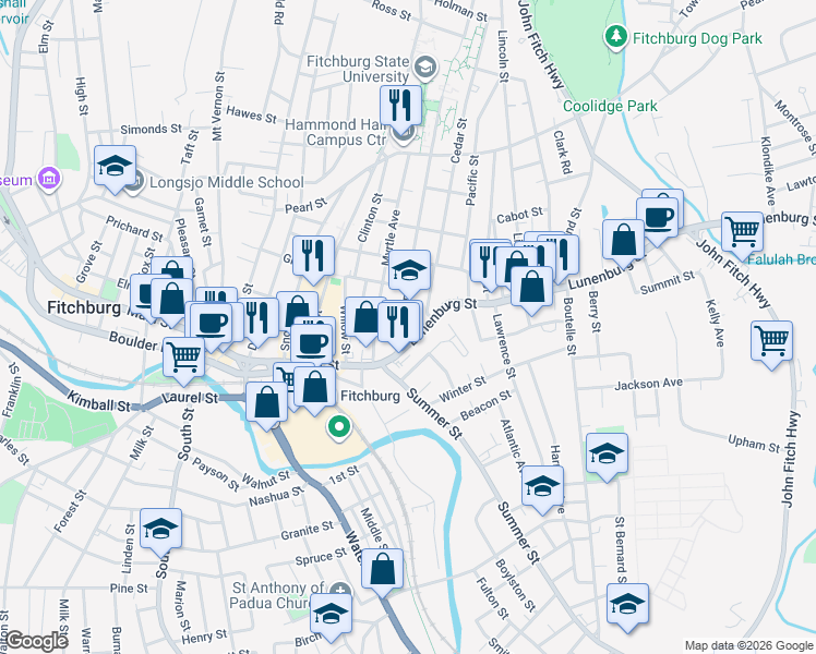map of restaurants, bars, coffee shops, grocery stores, and more near 50 Highland Avenue in Fitchburg