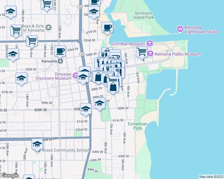 map of restaurants, bars, coffee shops, grocery stores, and more near 618 58th Street in Kenosha